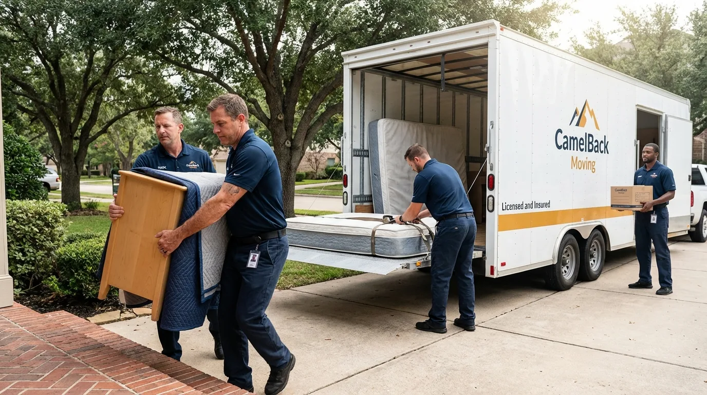 Crew loading residential truck for cross-state move from Moss Beach, CA