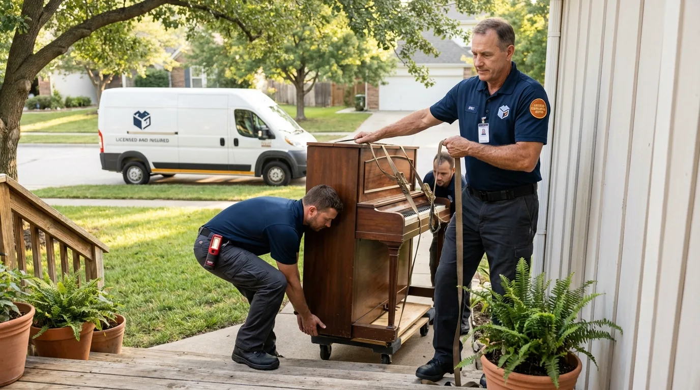 Licensed piano movers securing grand piano in Moss Beach, CA