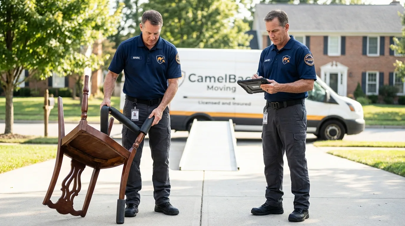 Movers inspecting furniture for damage prevention before loading in Moss Beach, CA